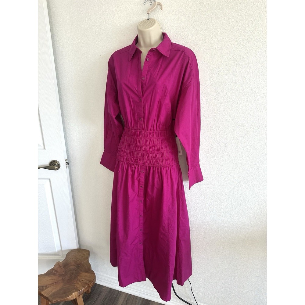Apiece Apart Smocked Shirt Dress NWT Sz S Fuchsia Midi Cotton Poplin Collared - Picture 7 of 10